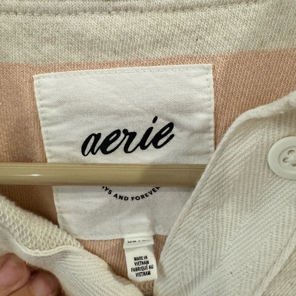 NWOT Aerie Prep Rally Rugby Sweatshirt, Heather Tan & Pink - Picture 3 of 6